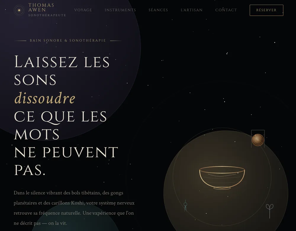 Aperçu du site de Thomas, praticien en sonothérapie.